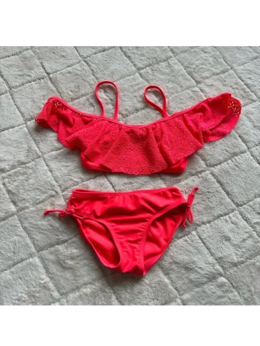 Xhilaration | Neon Coral Lace Ruffle Bikini Swimsuit Set | Size Medium (7/8)